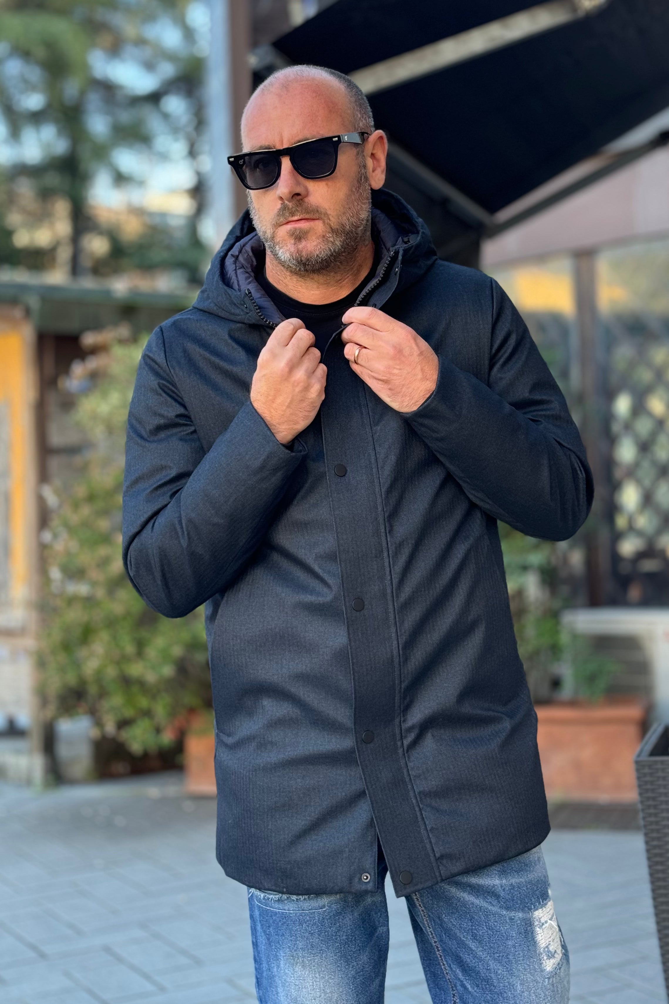 TELAMIRA PARKA 3/4 CON CAPPUCCIO COLORE BLU SCURO
