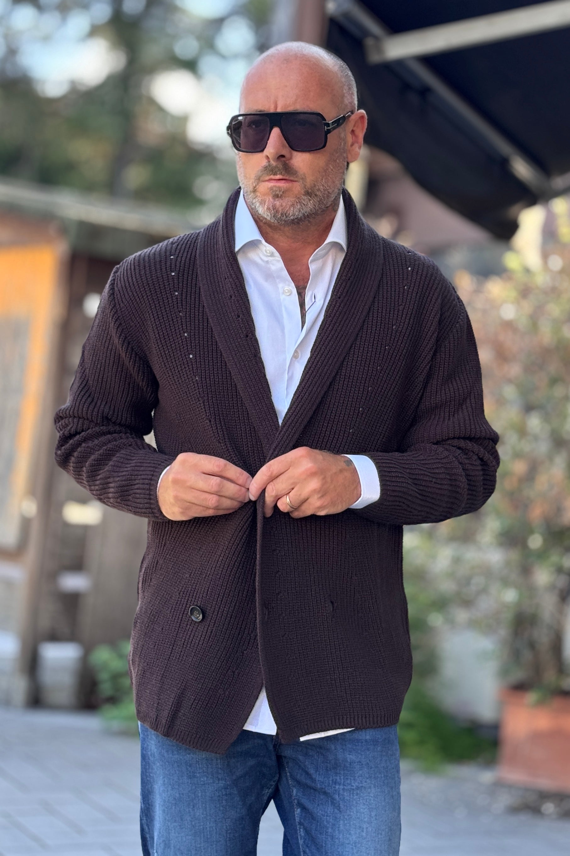 DANIELE ALESSANDRINI GIACCA IN MAGLIA COLLO SCIALLATO - CIOCCOLATO