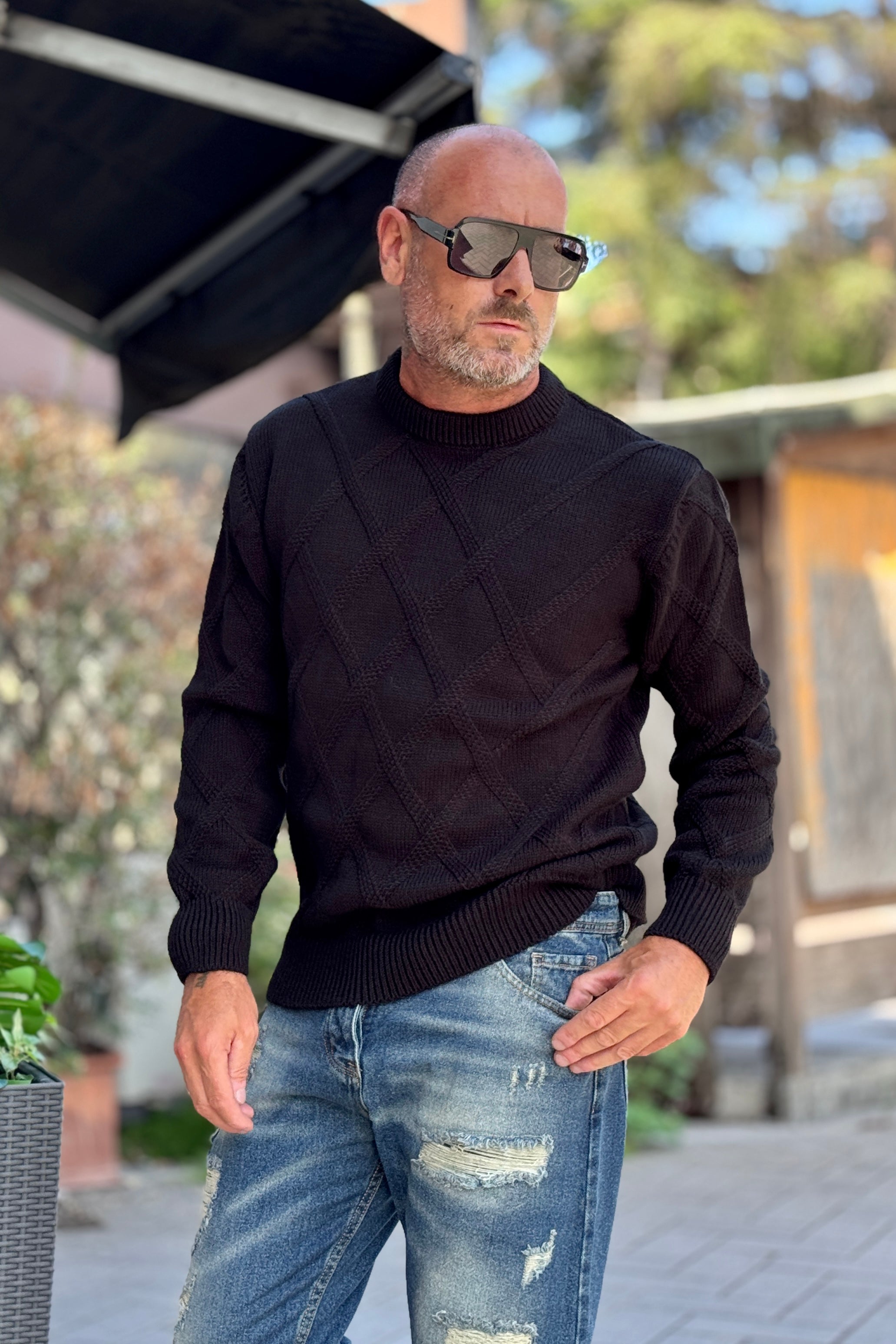 TELAMIRA MAGLIA GIROCOLLO MOTIVO ROMBO - NERO