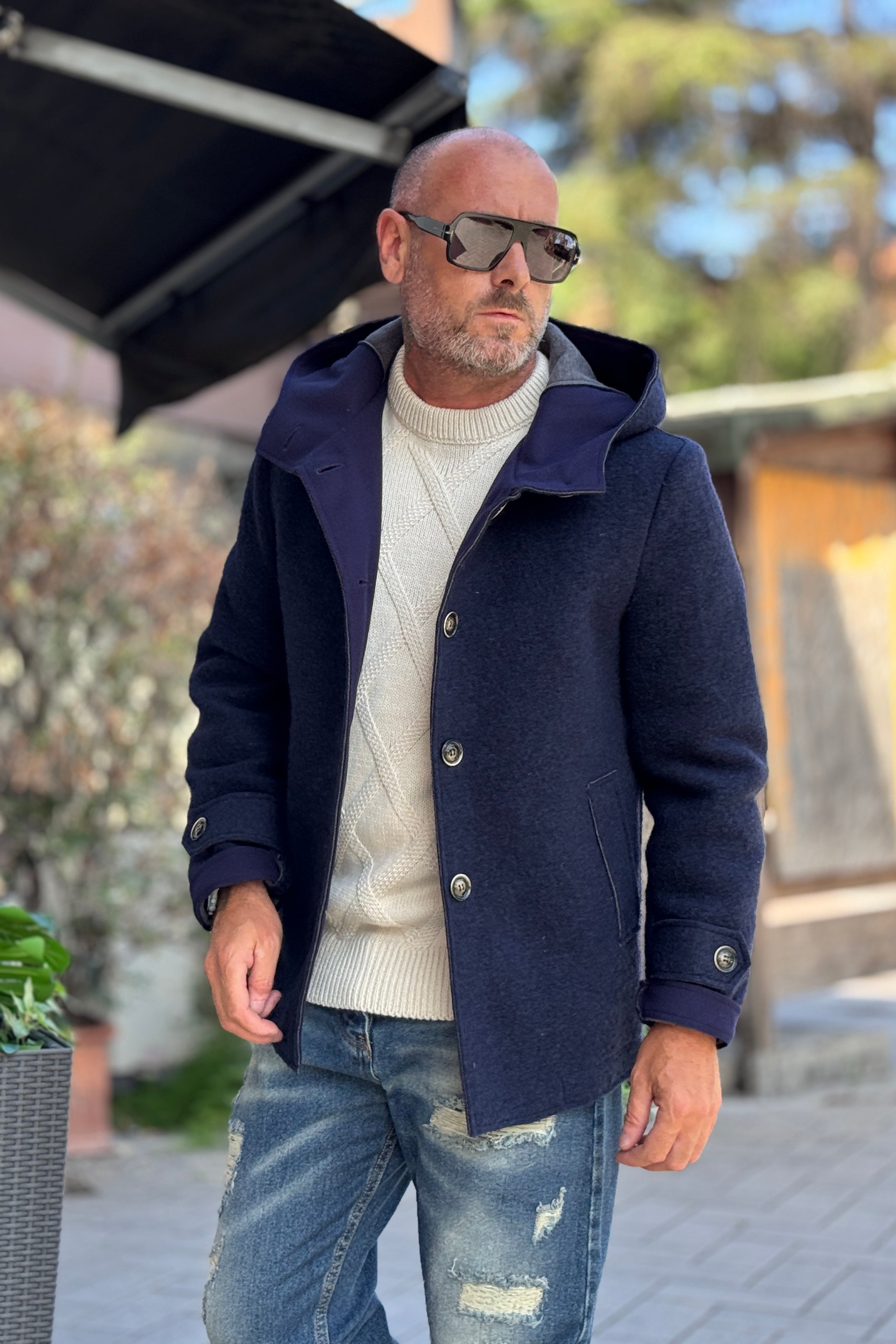 TELAMIRA CABAN MONOPETTO IN LANA CON CAPPUCCIO - BLU