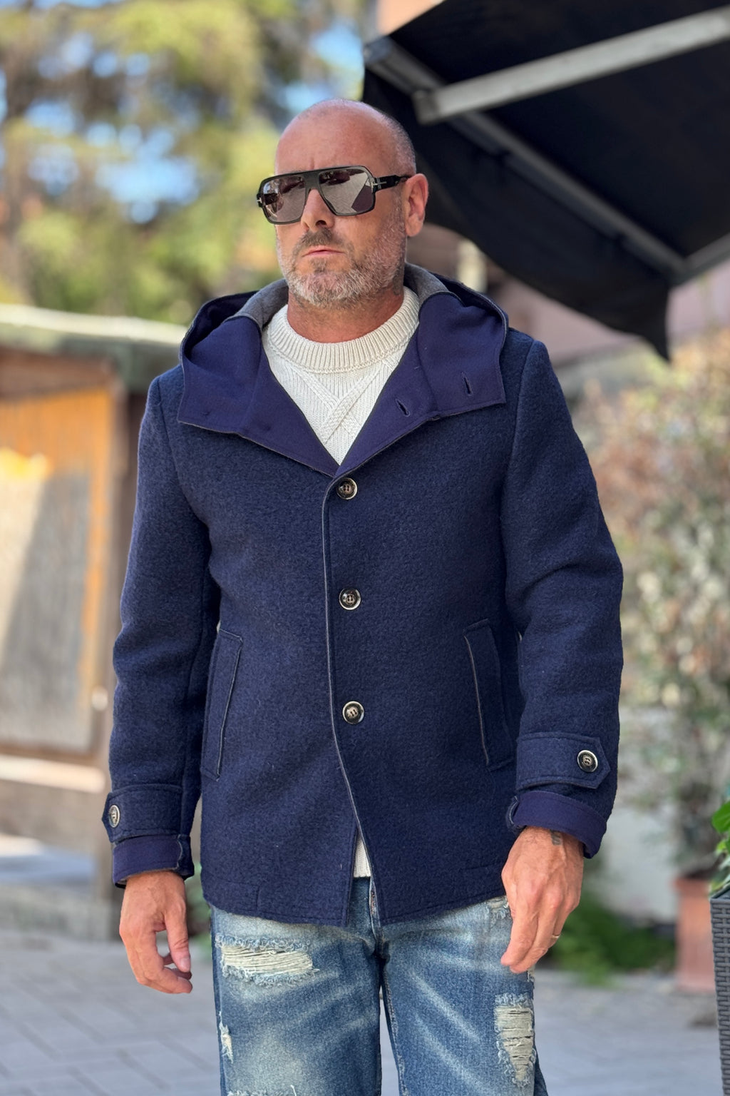 TELAMIRA CABAN MONOPETTO IN LANA CON CAPPUCCIO - BLU