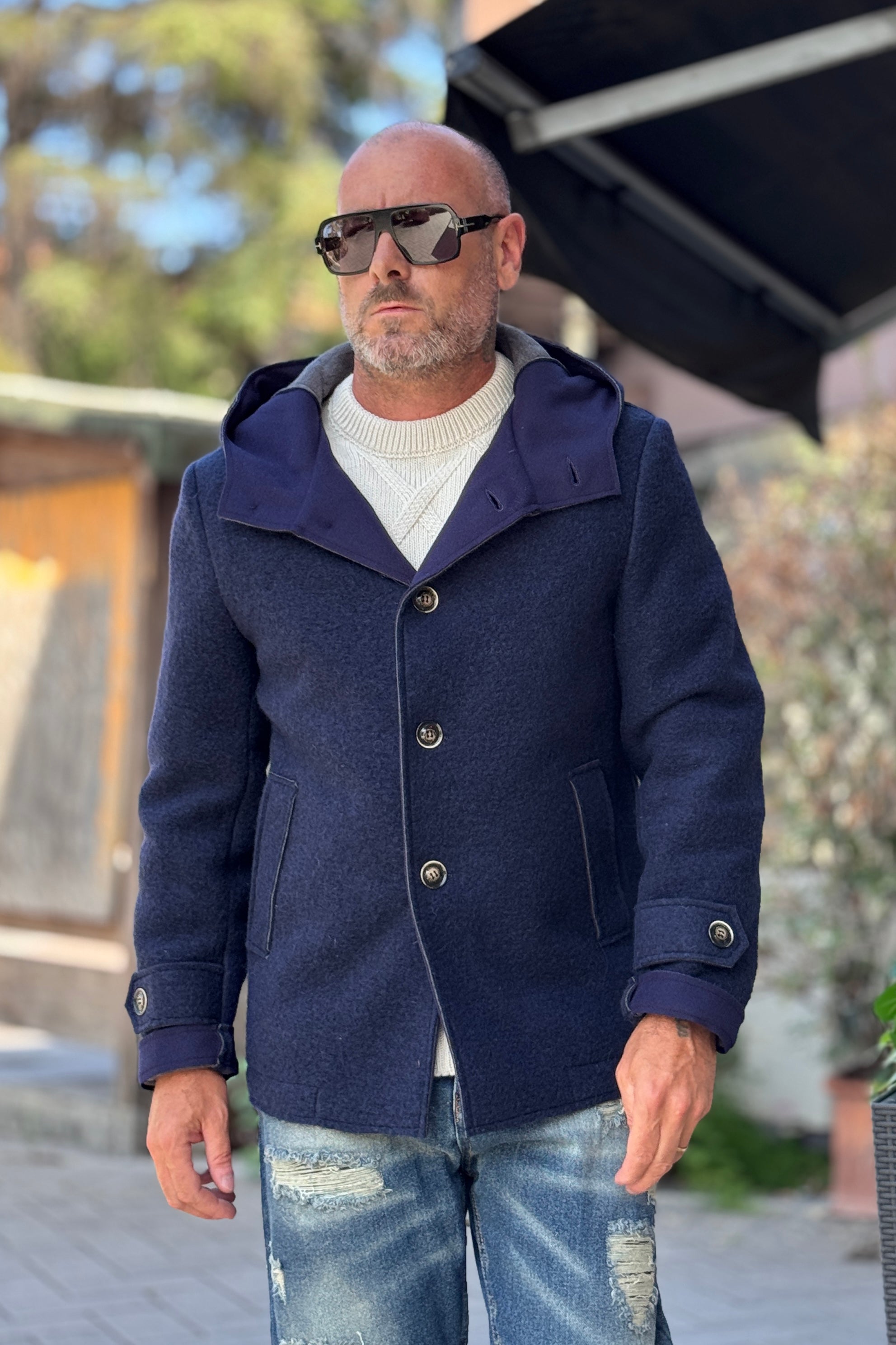 TELAMIRA CABAN MONOPETTO IN LANA CON CAPPUCCIO - BLU