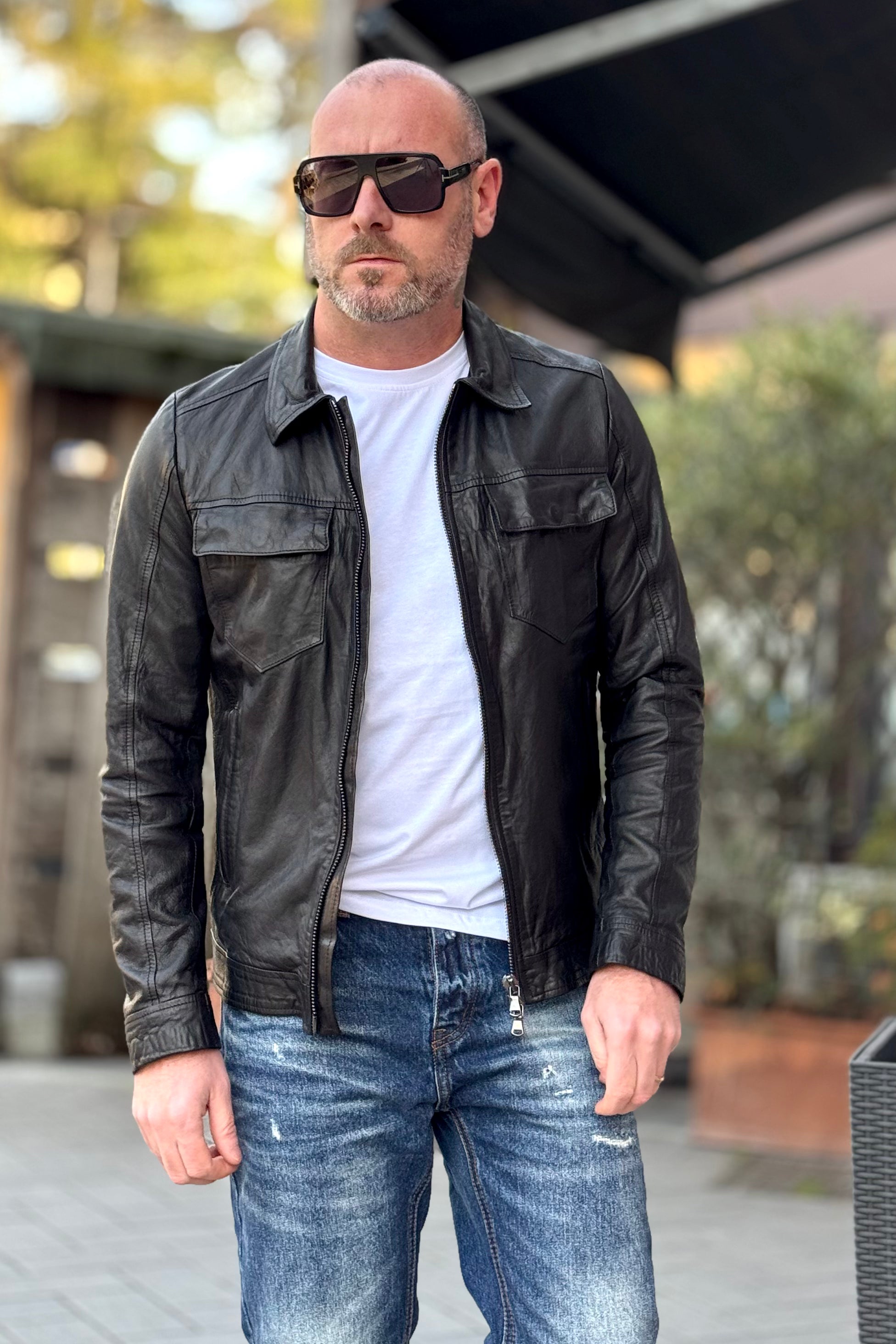 IGN GIUBBINO IN PELLE CON COLLETTO CAMICIA E TASCHINO - Mania Fashion Clothing