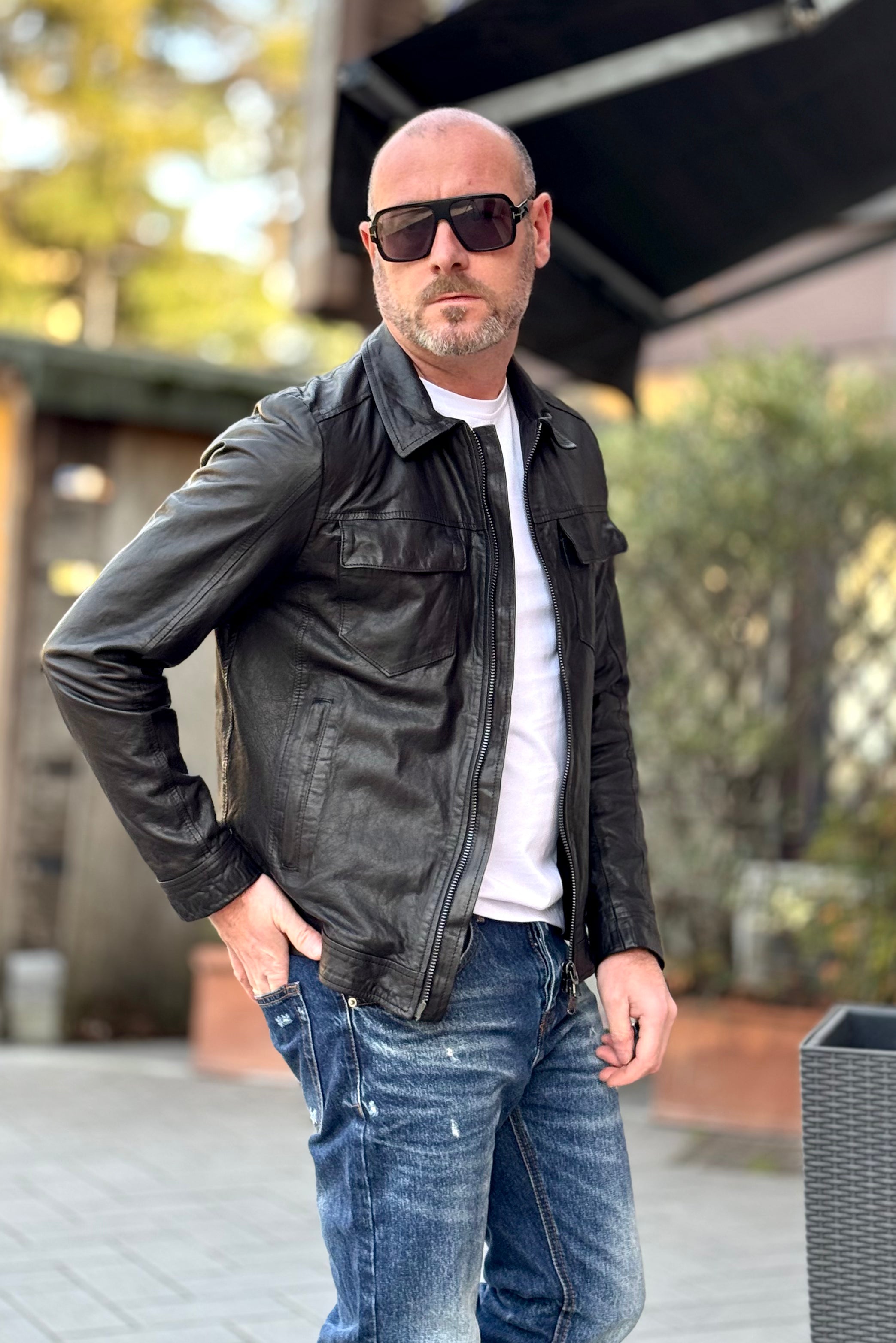 IGN GIUBBINO IN PELLE CON COLLETTO CAMICIA E TASCHINO