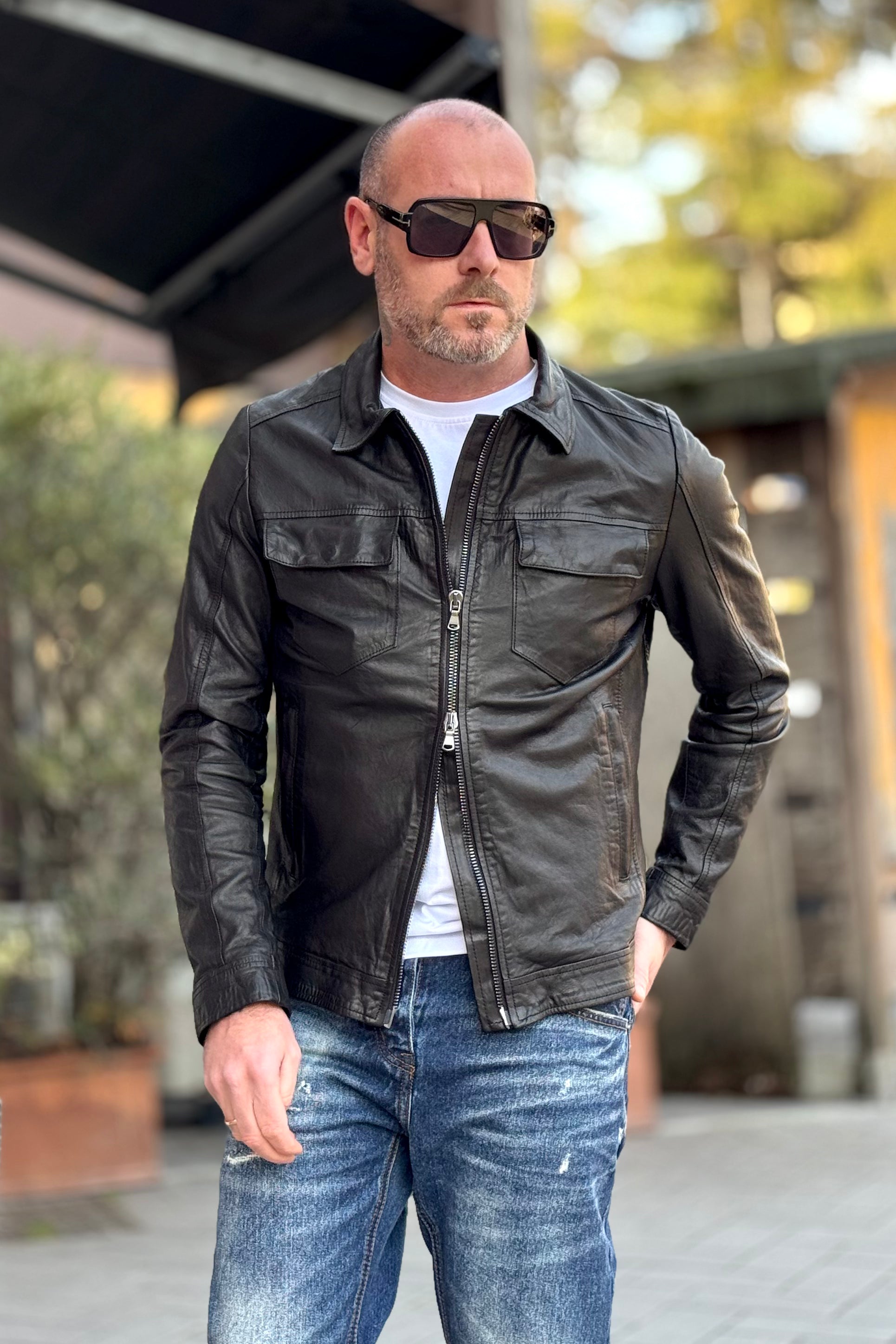 IGN GIUBBINO IN PELLE CON COLLETTO CAMICIA E TASCHINO - Mania Fashion Clothing