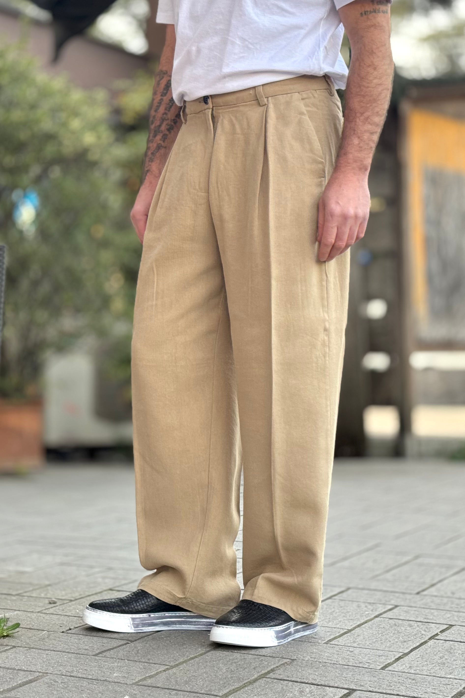 TELAMIRA PANTALONE LARGO CON PINCES IN COTONE E LINO DISPONIBILE IN 2 COLORI