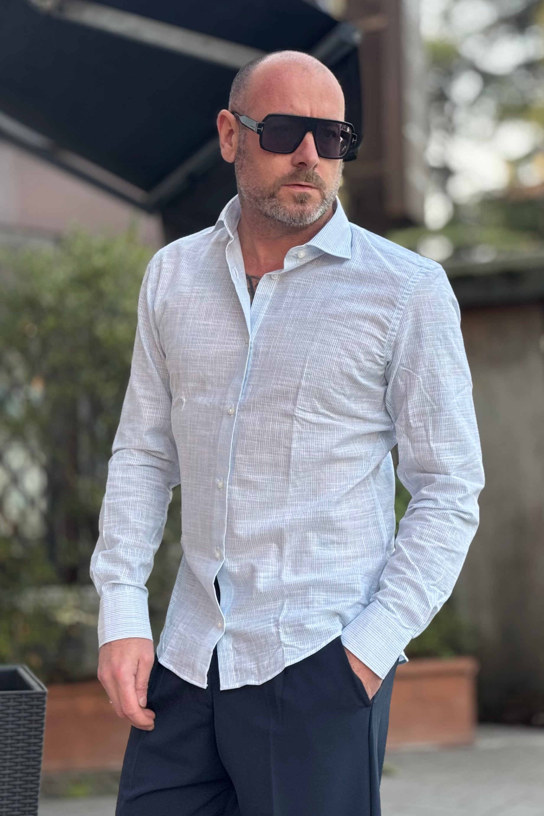 TELAMIRA CAMICIA IN COTONE E LINO SLIM RIGHE SOTTILI