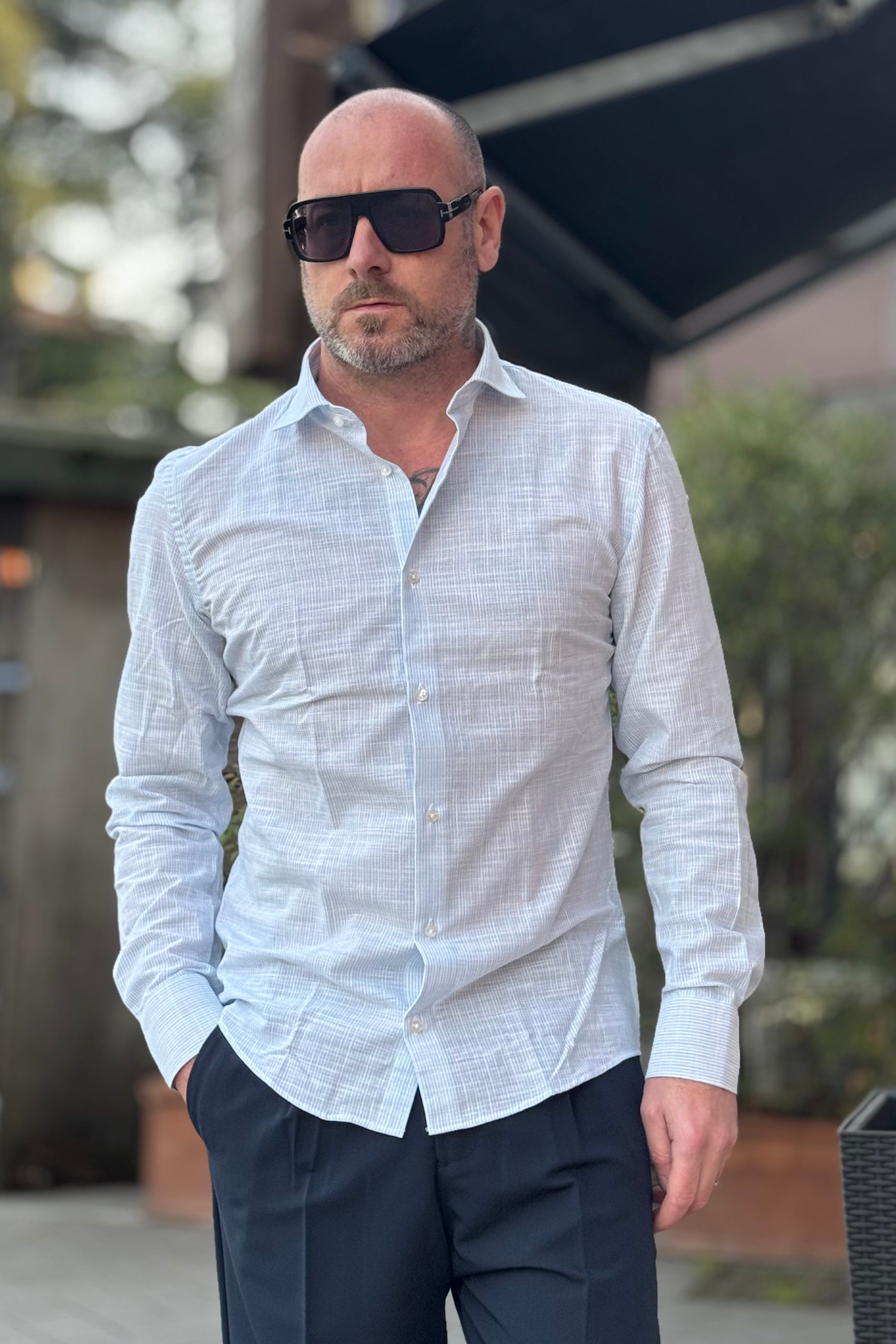 TELAMIRA CAMICIA IN COTONE E LINO SLIM RIGHE SOTTILI