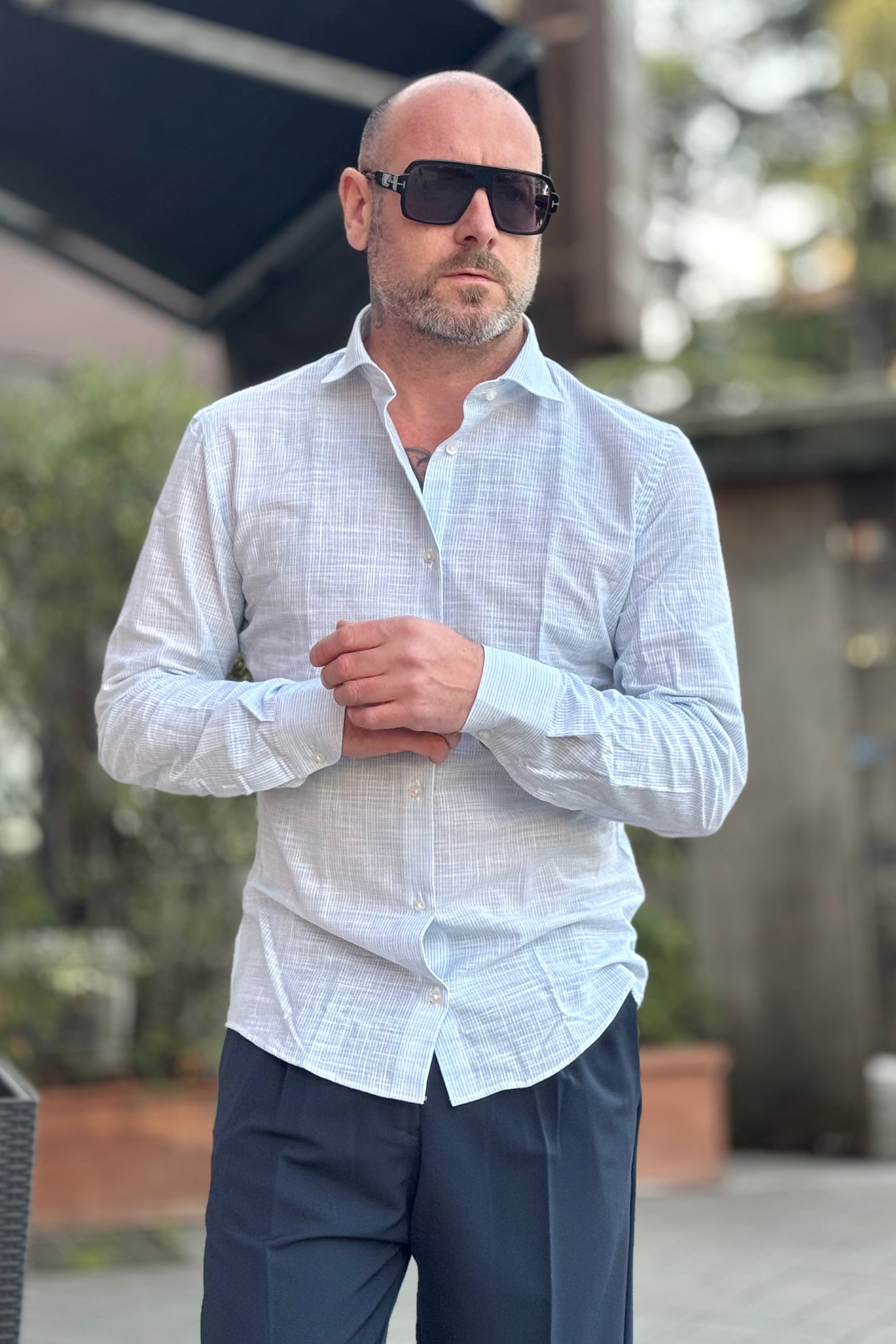 TELAMIRA CAMICIA IN COTONE E LINO SLIM RIGHE SOTTILI