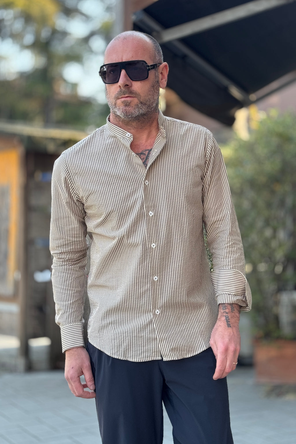 ALESSANDRO LAMURA CAMICIA IN POPELINE COLLO COREA A RIGHE