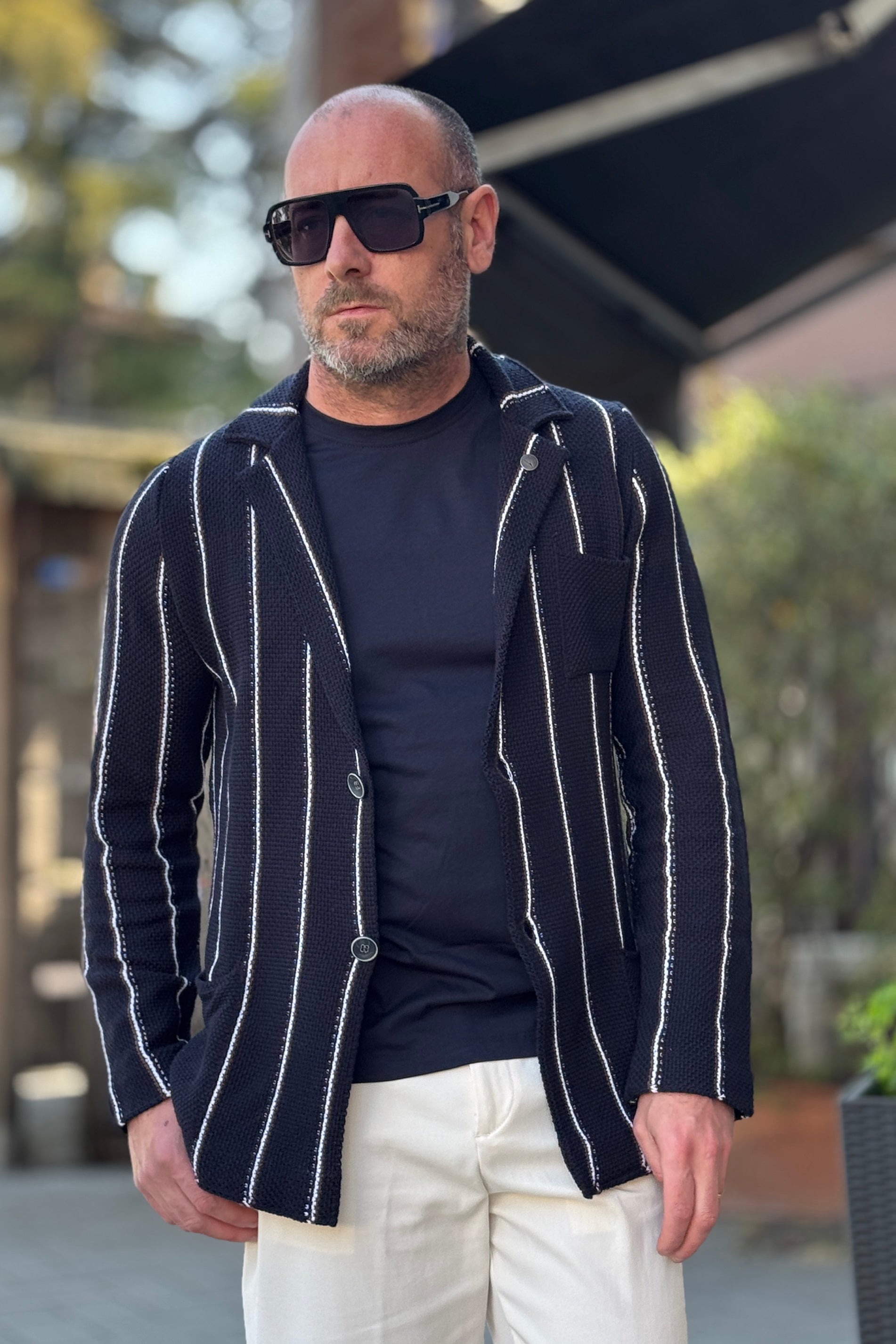 V2 GIACCA A RIGHE IN MAGLIA COLORE BLU