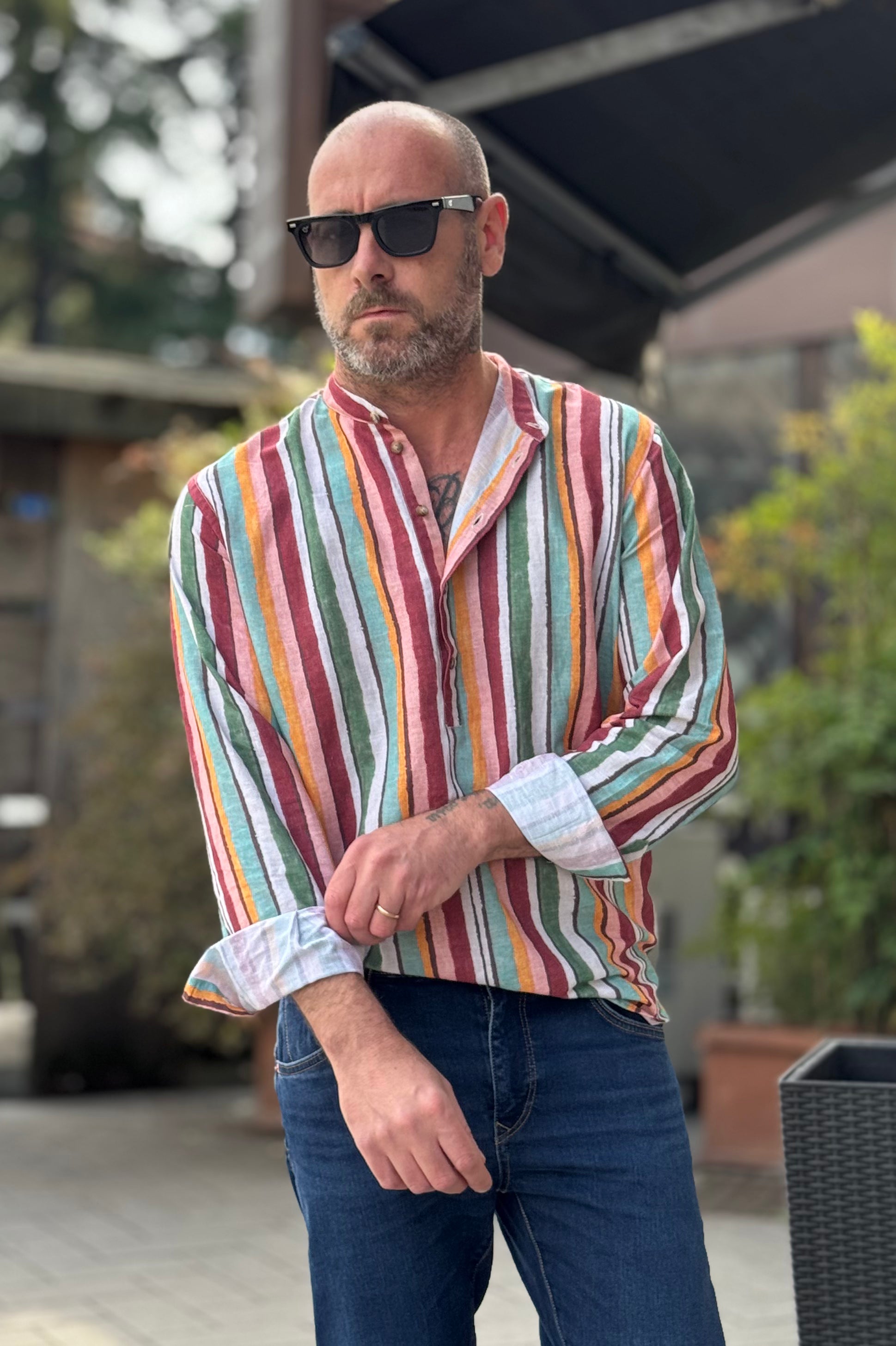 Collo Coreana Camicia Di Lino A Strisce Alessandro Lamura PAUL1011